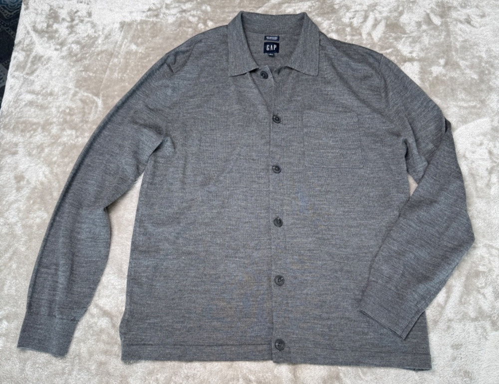 GAP Gray 100% Merino Wool Polo Long Sleeve Lightweight Sweater Mens Size L